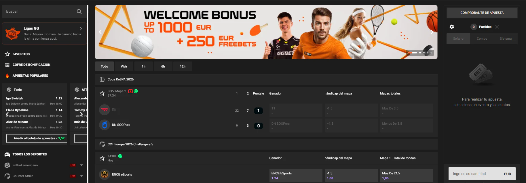 Sección de deportes y eSports con distintas opciones de apuesta en GGBET Casino